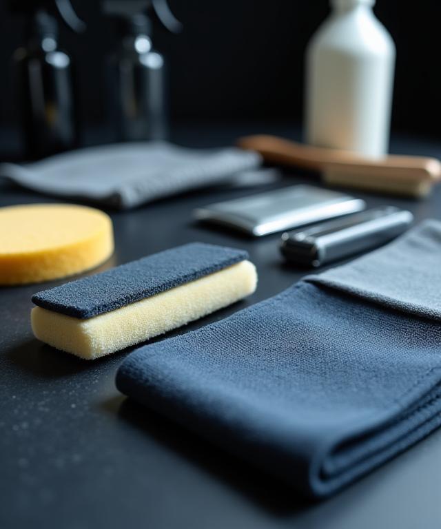 A close-up of professional detailing tools and microfibre cloths neatly arranged.