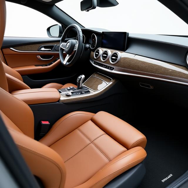 A pristine luxury car interior with clean leather seats and dashboard.